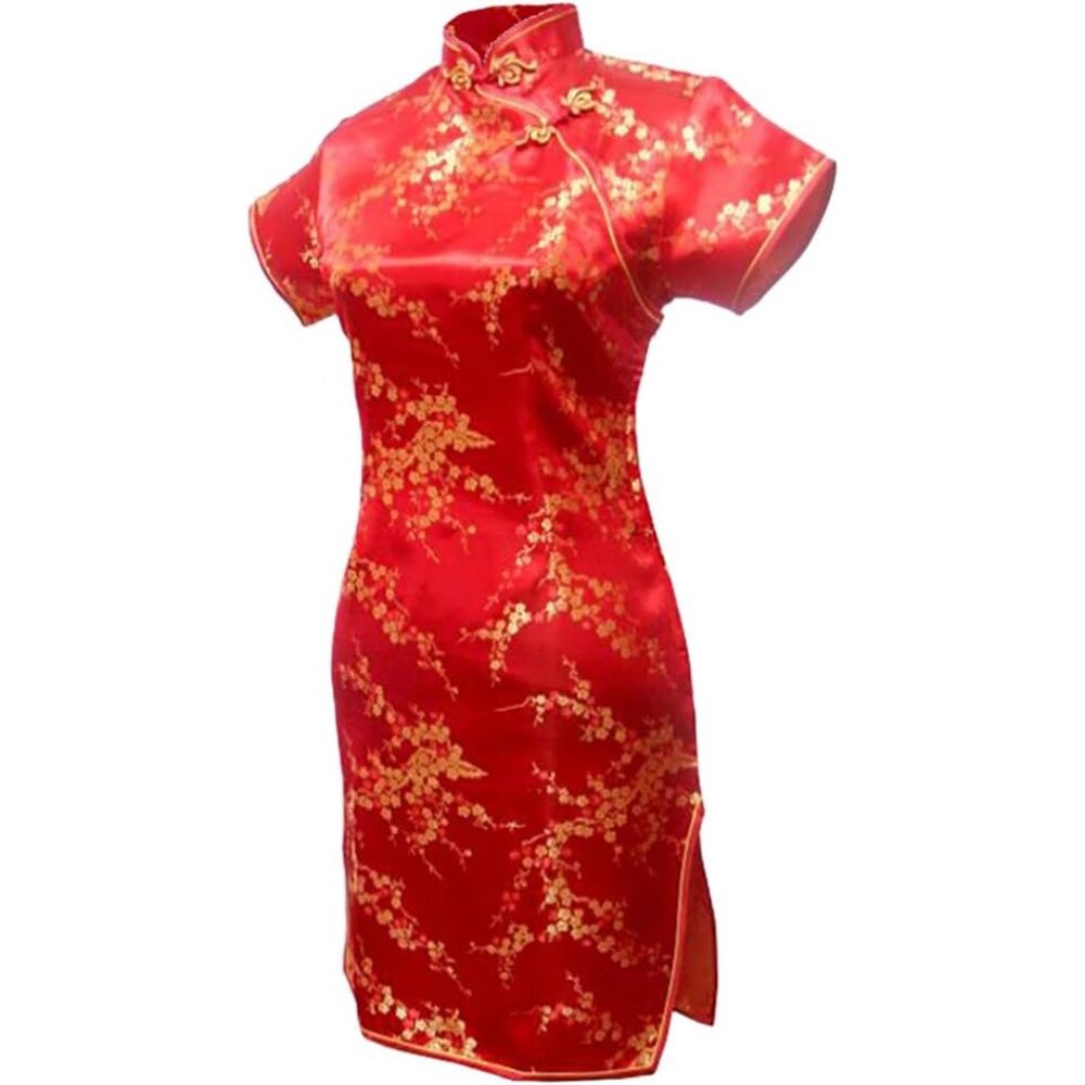 Women's Red Floral Cheongsam Mini Dress Satin Evening Party Club Wear